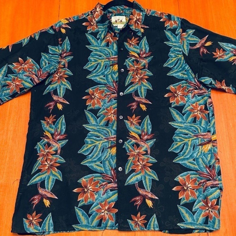 Reyn Spooner Hawaiian Shirt Men Black Blue Floral Button Short Sleeve